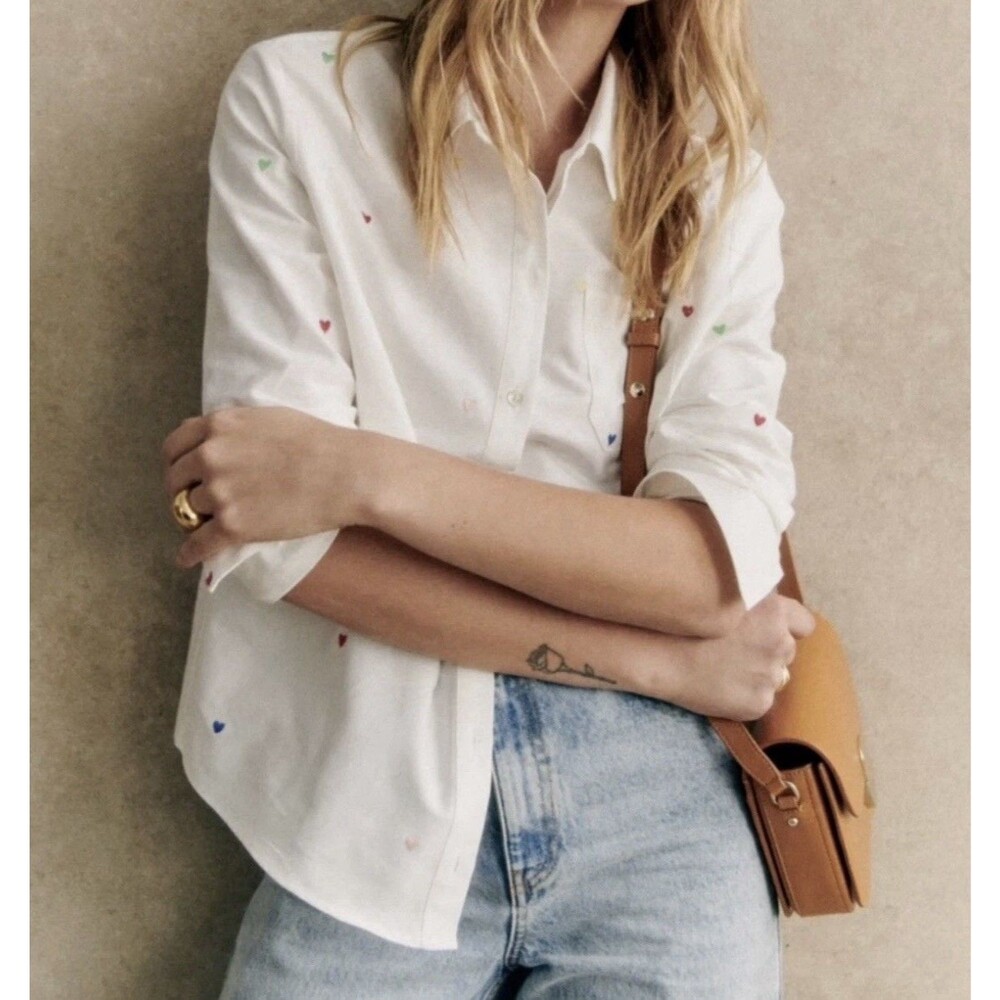 Sezane Tomboy Blouse White Shirt Embroidered Multi Color Hearts Size Eu 28 US 6